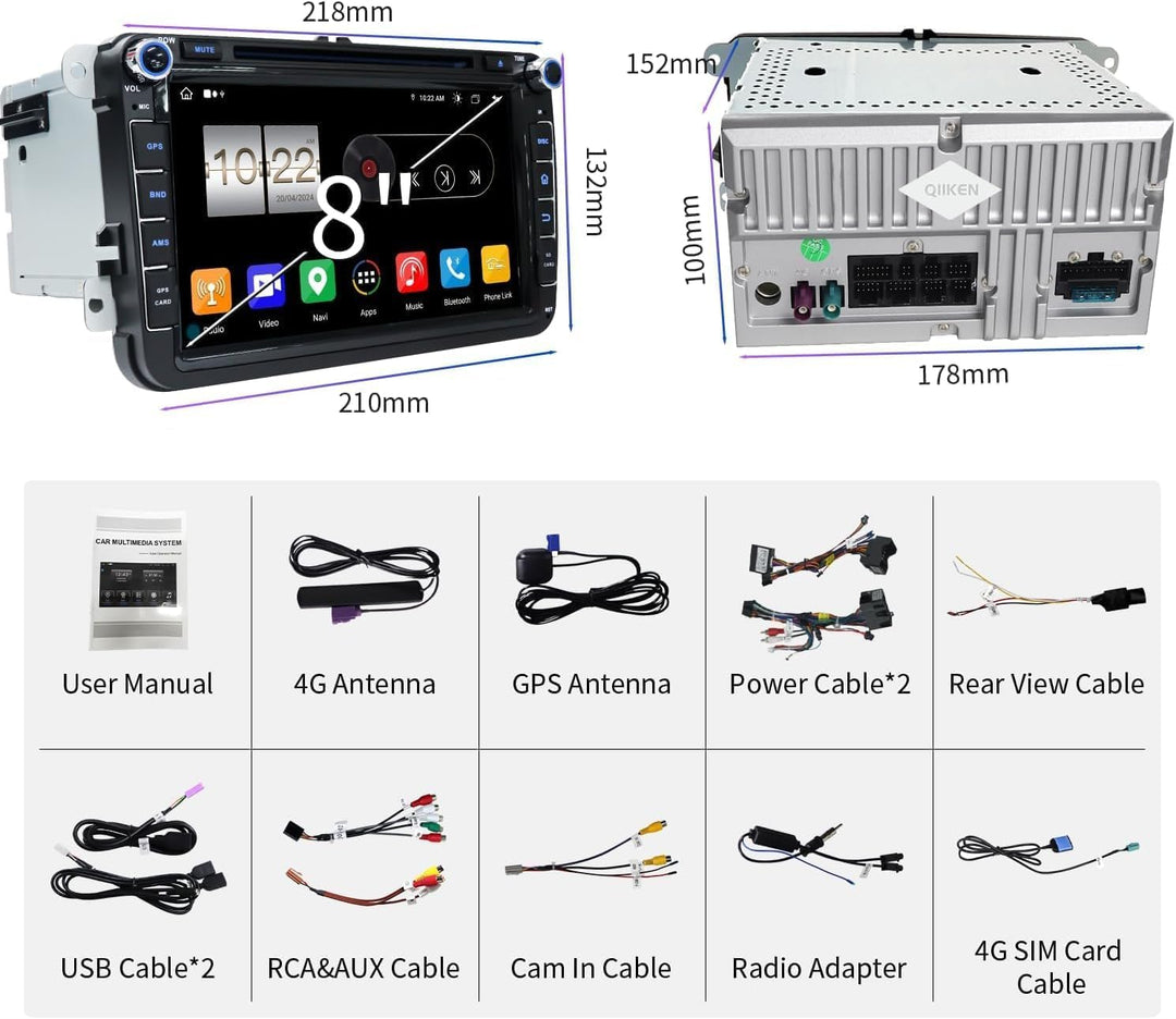 QIIKEN 8" 4G+64G Android 13 Autoradio mit Navi für VW T5 Golf 5 6 Polo Sharan Seat Passat Tiguän, Do
