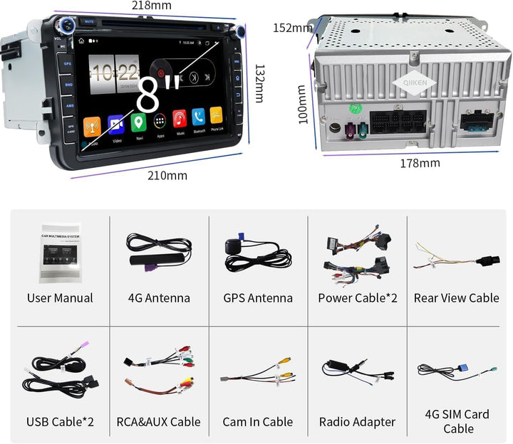 QIIKEN 8" 4G+64G Android 13 Autoradio mit Navi für VW T5 Golf 5 6 Polo Sharan Seat Passat Tiguän, Do