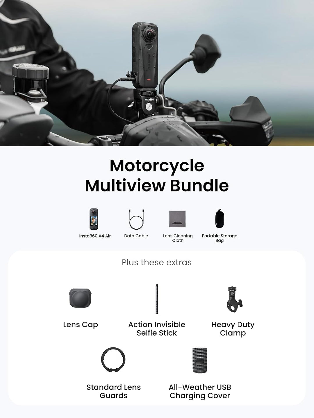 Insta360 X4 Air Motorrad-MultiView-Bundle - Leichte 8K 360 Actionkamera Graphitschwarz Motorrad-Mult