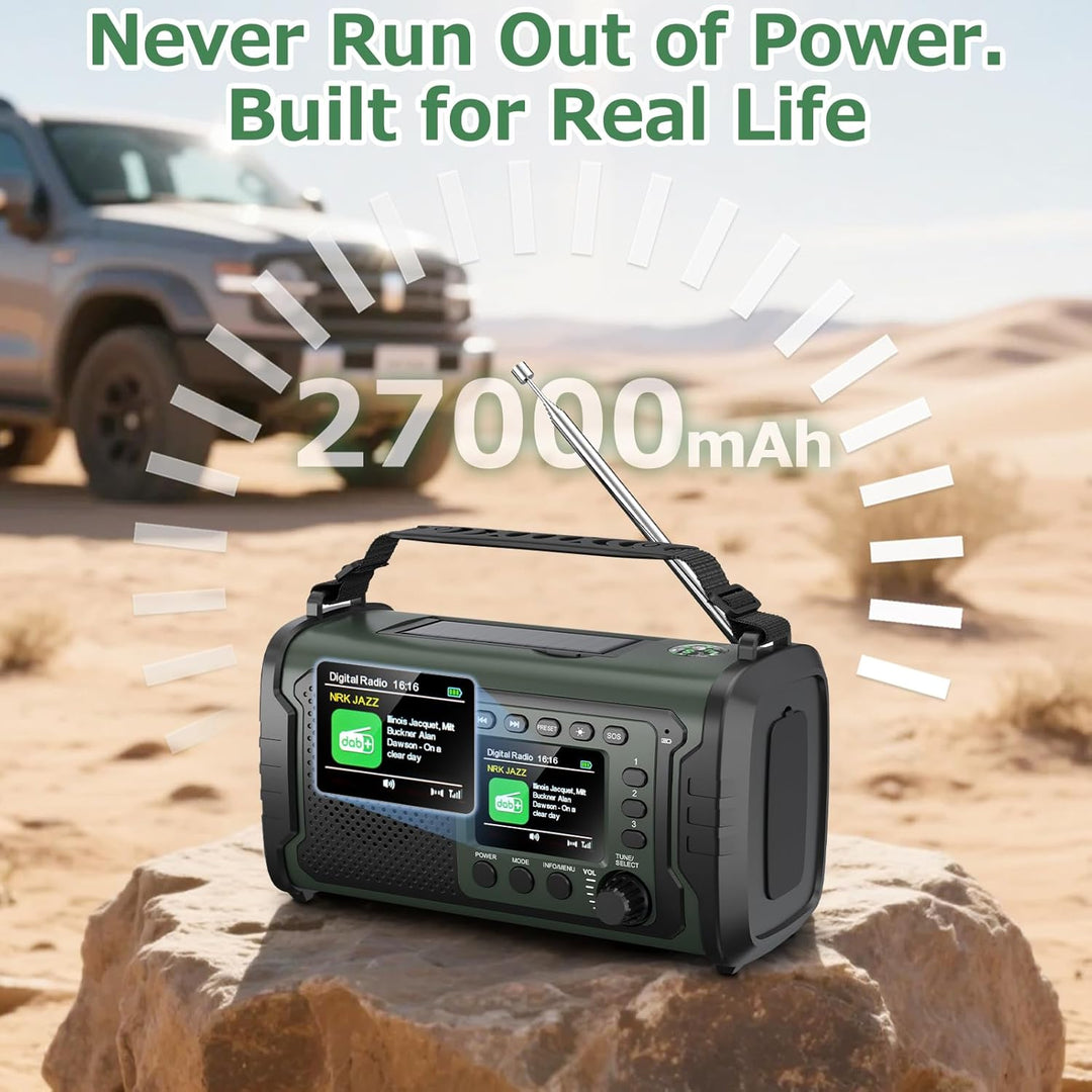 27000mAh DAB/DAB+ Notfallradio mit Kurbel, Solar & USB Laden, Bluetooth 5.3, Powerbank-Funktion, SOS