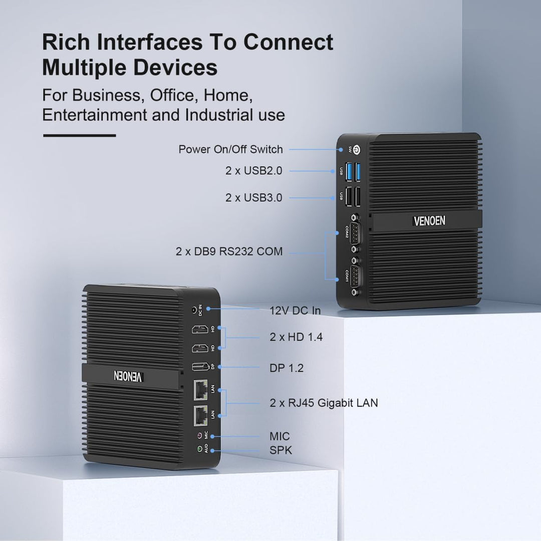 VENOEN Mini PC Industrie 12th Gen J6412 Prozessor, Lüfterlos Mini PC mit WIN11 Pro, 8GB DDR4 256GB S