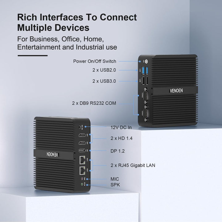 VENOEN Mini PC Industrie 12th Gen J6412 Prozessor, Lüfterlos Mini PC mit WIN11 Pro, 8GB DDR4 256GB S