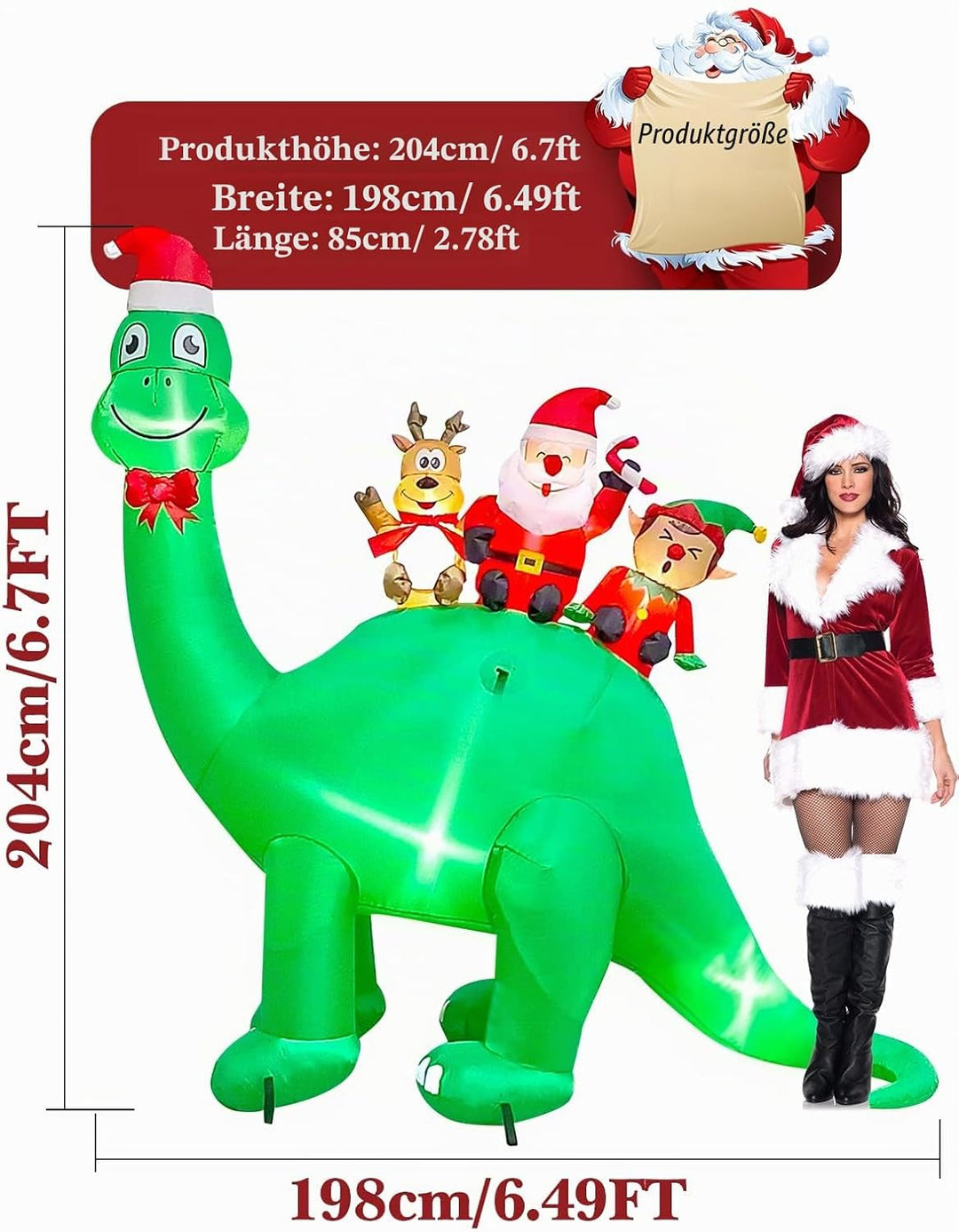 Kalolary 6,7 Fuss Aufblasbare Weihnachtsdekoration, Aufblasbarer Weihnachts-Dinosaurier mit Elf Rent