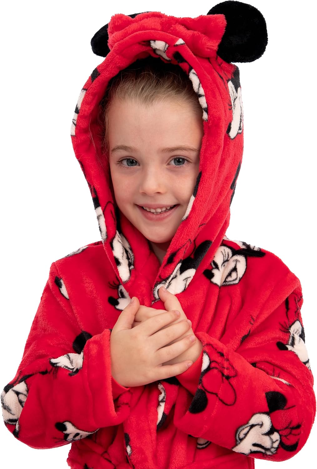 Disney Minnie Mouse Bademantel Kinder, Fleece Bademantel Mädchen Mit 3D Minnie Mouse Ohren, Morgenma