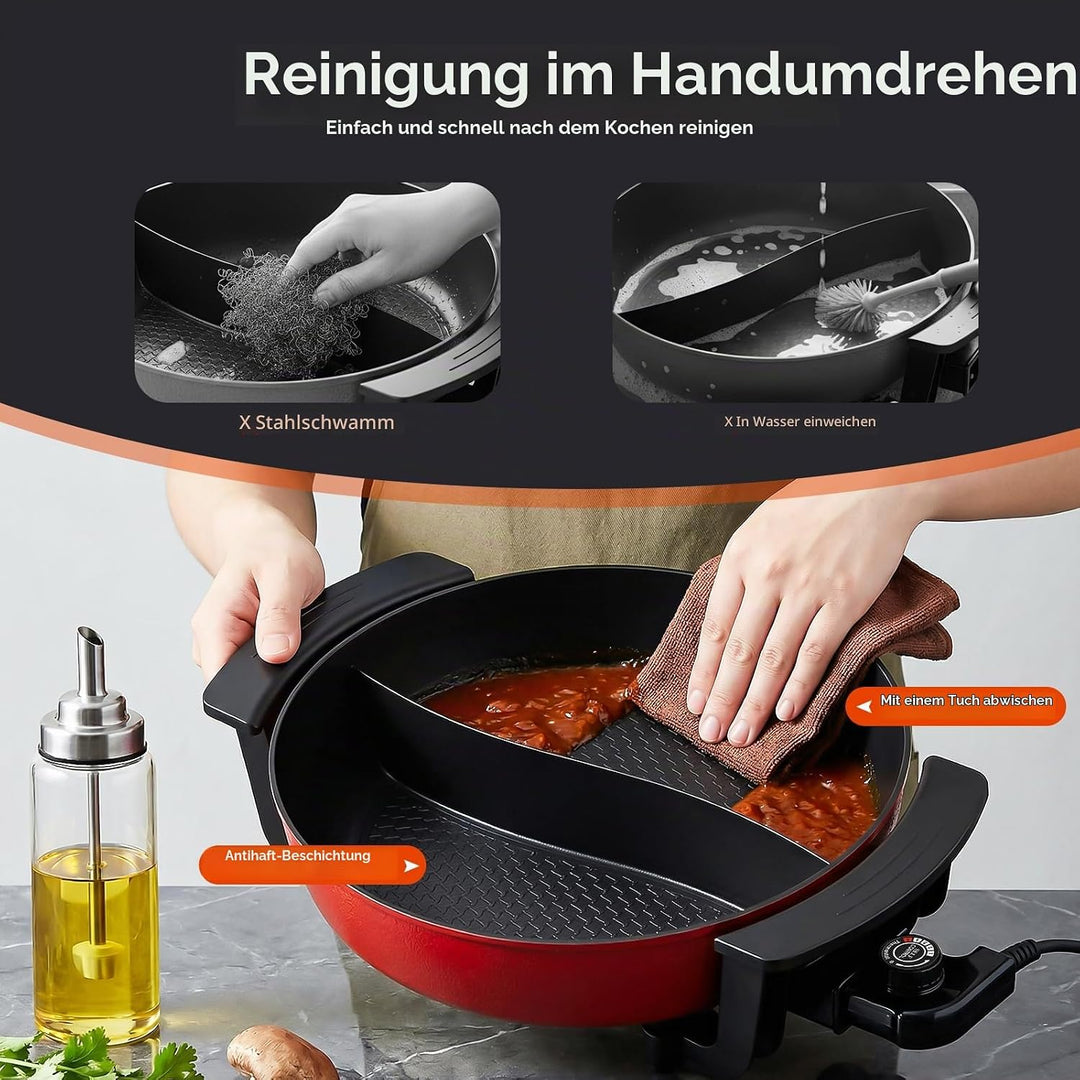 Elektrischer Kochtopf, 1360W 220V Hotpot Topf mit Teiler &amp; Glas-Deckel, 6L Hot Pot Fondue Chinesisch