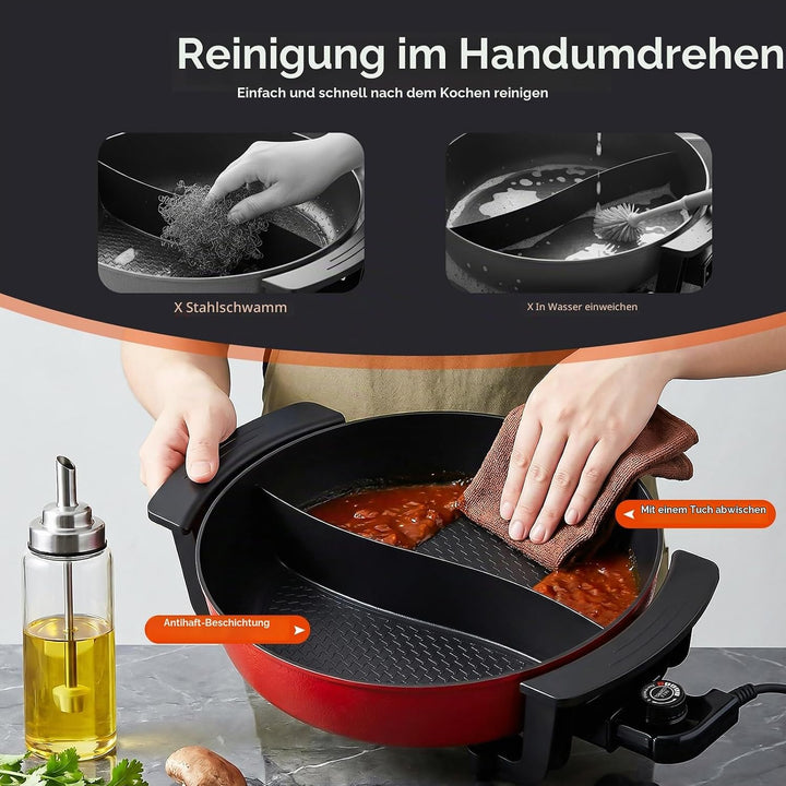 Elektrischer Kochtopf, 1360W 220V Hotpot Topf mit Teiler &amp; Glas-Deckel, 6L Hot Pot Fondue Chinesisch