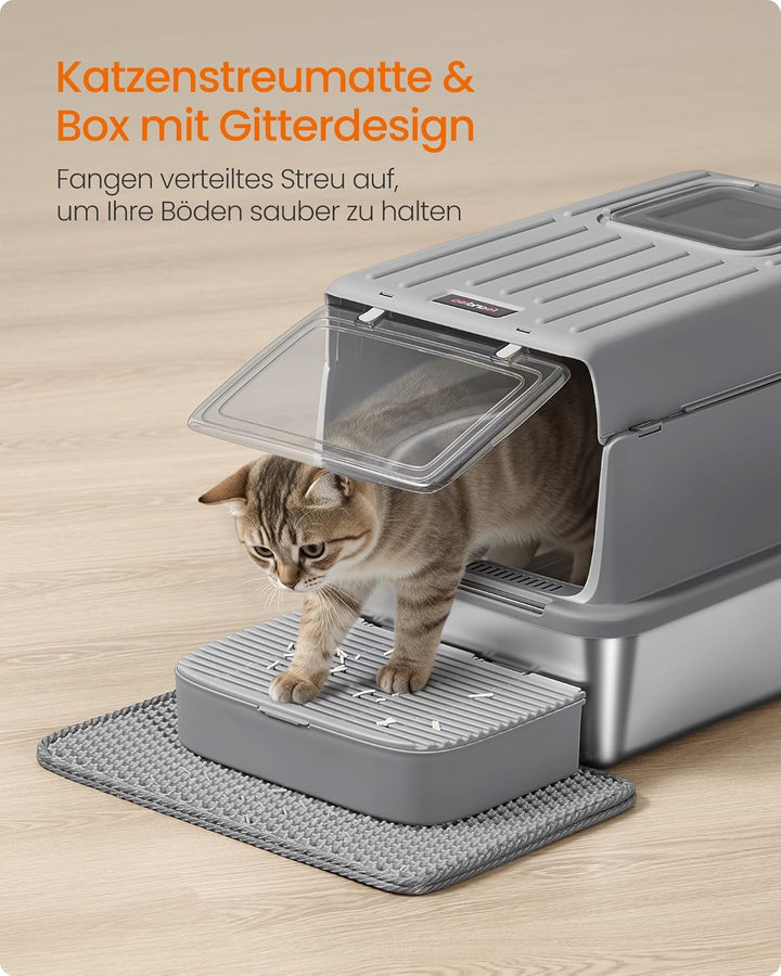 Feandrea Katzenklo Edelstahl, Katzentoilette mit Deckel, mit Schaufel, Katzenstreumatte und 2 Eingän