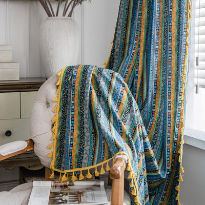 Freyamy Vorhang 160x150cm Boho Bunt Blau Baumwolle Leinen Landhausstil Vintage Vertikale Streifen Bl
