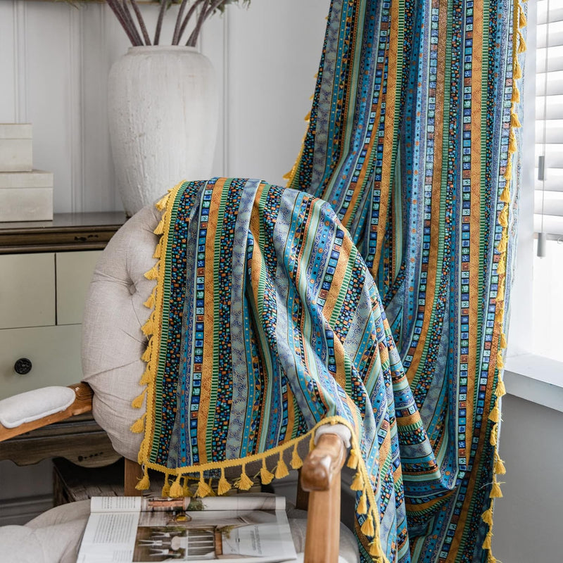Freyamy Vorhang 160x150cm Boho Bunt Blau Baumwolle Leinen Landhausstil Vintage Vertikale Streifen Bl