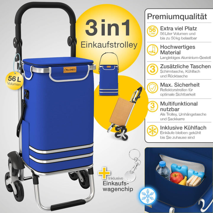 ELONEO Einkaufstrolley Treppensteiger mit Kühlfach, Einkaufsroller klappbar, Shopping Trolley höhenv
