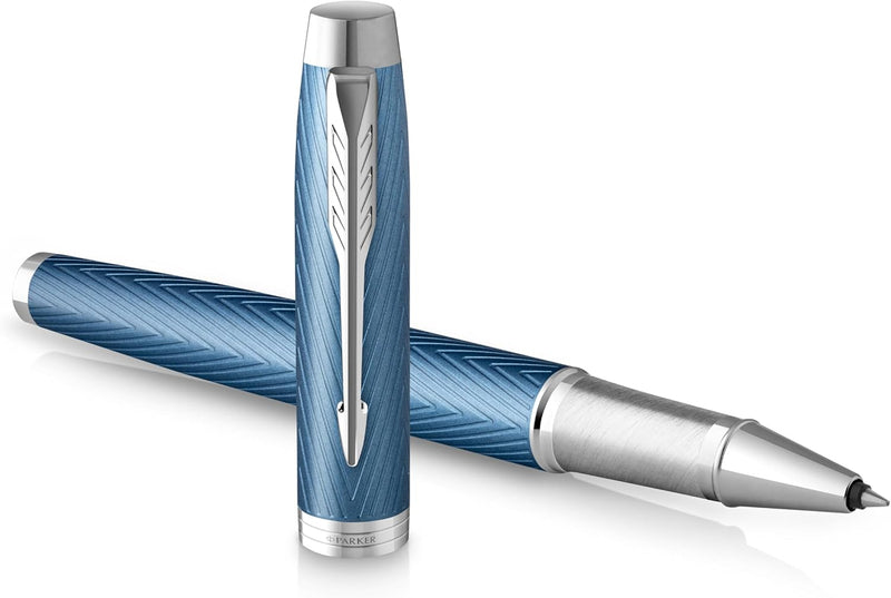 Parker IM Rollerball Tintenroller , Blaugraue Premium-Lackierung mit Chromverzierung , Feine Schreib