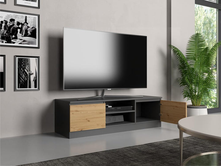 VBChome TV-Schrank 140 x 40 x 36 cm Eiche Aritsan-Antrazit Griffelose Tv-Regal Fernsehtisch mit 2 Tü