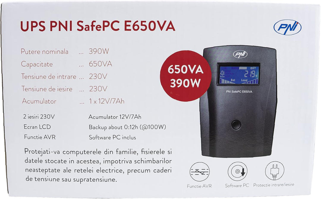 USV Stromversorgung PNI SafePC E650VA Unterbrechungsfreie Stromversorgung - 2 Schuko-Ausgänge - Leis