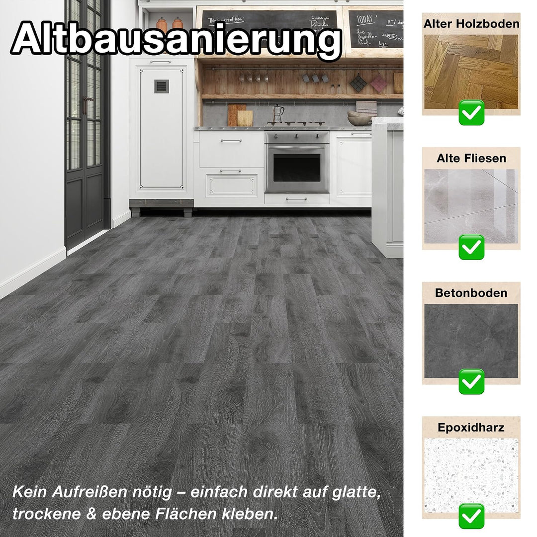 MULGREAT Vinylboden selbstklebend 5,02 m² – Wasserdichter Laminatboden in Dunkelgrau, 36 Fliesen (15