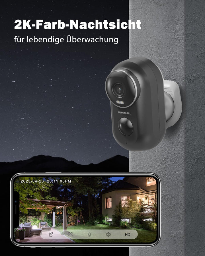 Überwachungskamera Aussen Akku, ZUMIMALL Kamera Überwachung WLAN, Kabellose Überwachungskamera Ausse