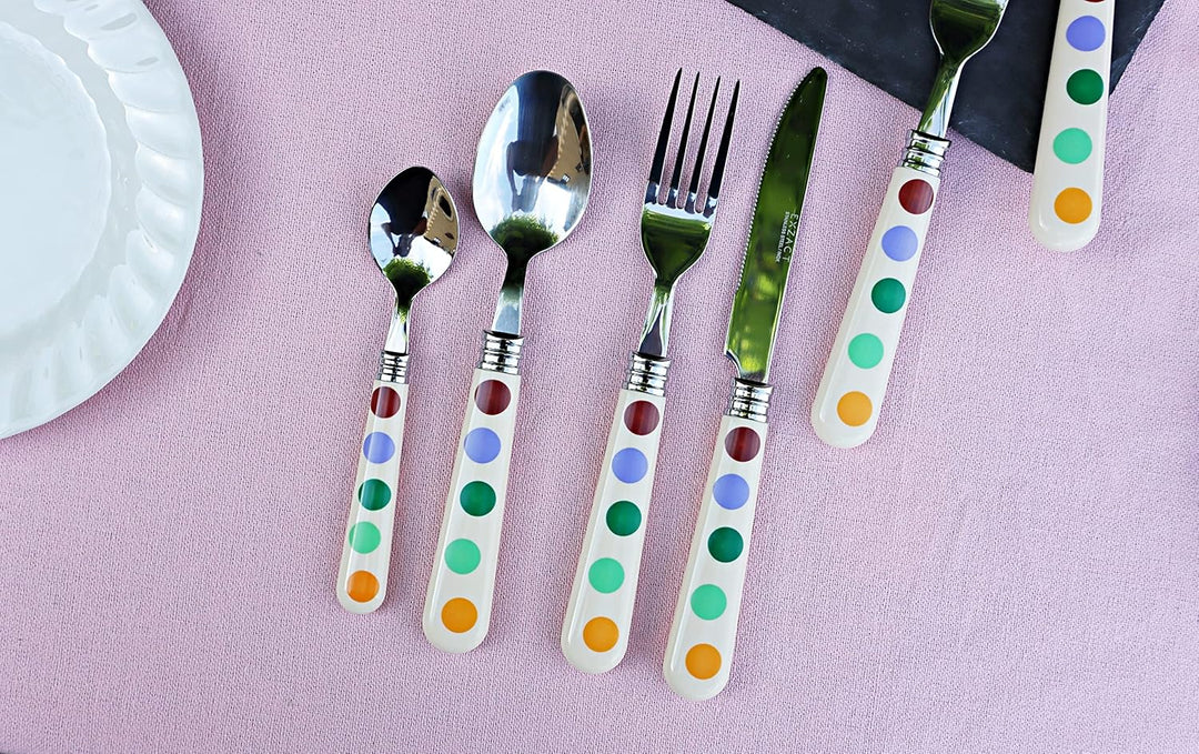 EXZACT Tupfen Besteck/edelstahlbesteck mit 16 Stücken - polka dots. Speisemesser x 4, Speisegabel x