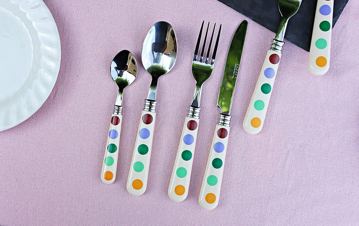 EXZACT Tupfen Besteck/edelstahlbesteck mit 16 Stücken - polka dots. Speisemesser x 4, Speisegabel x