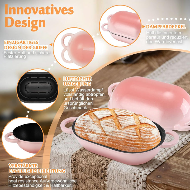 Gusseisen Brotbackform mit Deckel, 23 cm Emaille Gusseisen Topf Brot Backen, Bräter mit Deckel 2,75