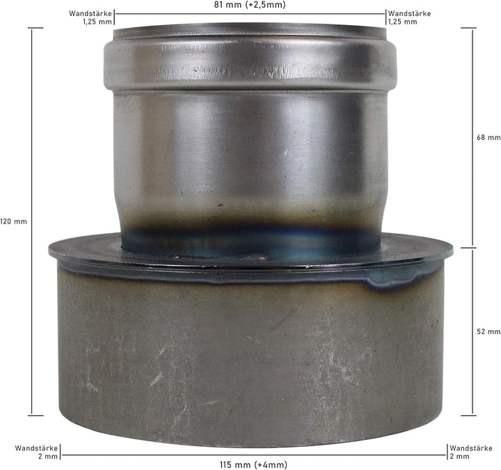 LANZZAS Pelletrohr Erweiterung von Ø 80 mm auf Ø 120 mm unlackiert Pelletrauchrohr Pelletofenrohr Pe
