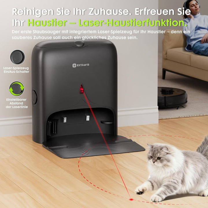 Saugroboter mit Wischfunktion 10,000Pa, Tierhaar-Schneider, Katzen-Laserspiel, Automatische Staubent