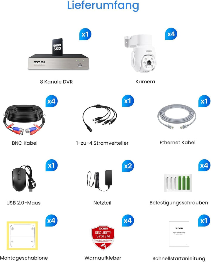 ZOSI 2MP Kabelgebunden Überwachungskamera Set mit Audio, 8CH 500GB DVR und 4X PTZ TVI Aussenkameras,