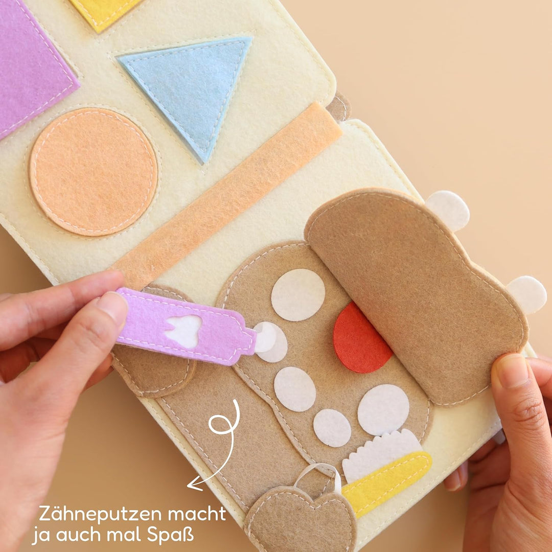 Mini Quiet Book Bärchen – Handgefertigtes Filz-Sensorikbuch mit Fingerpuppe – Bildschirmfreies Spiel