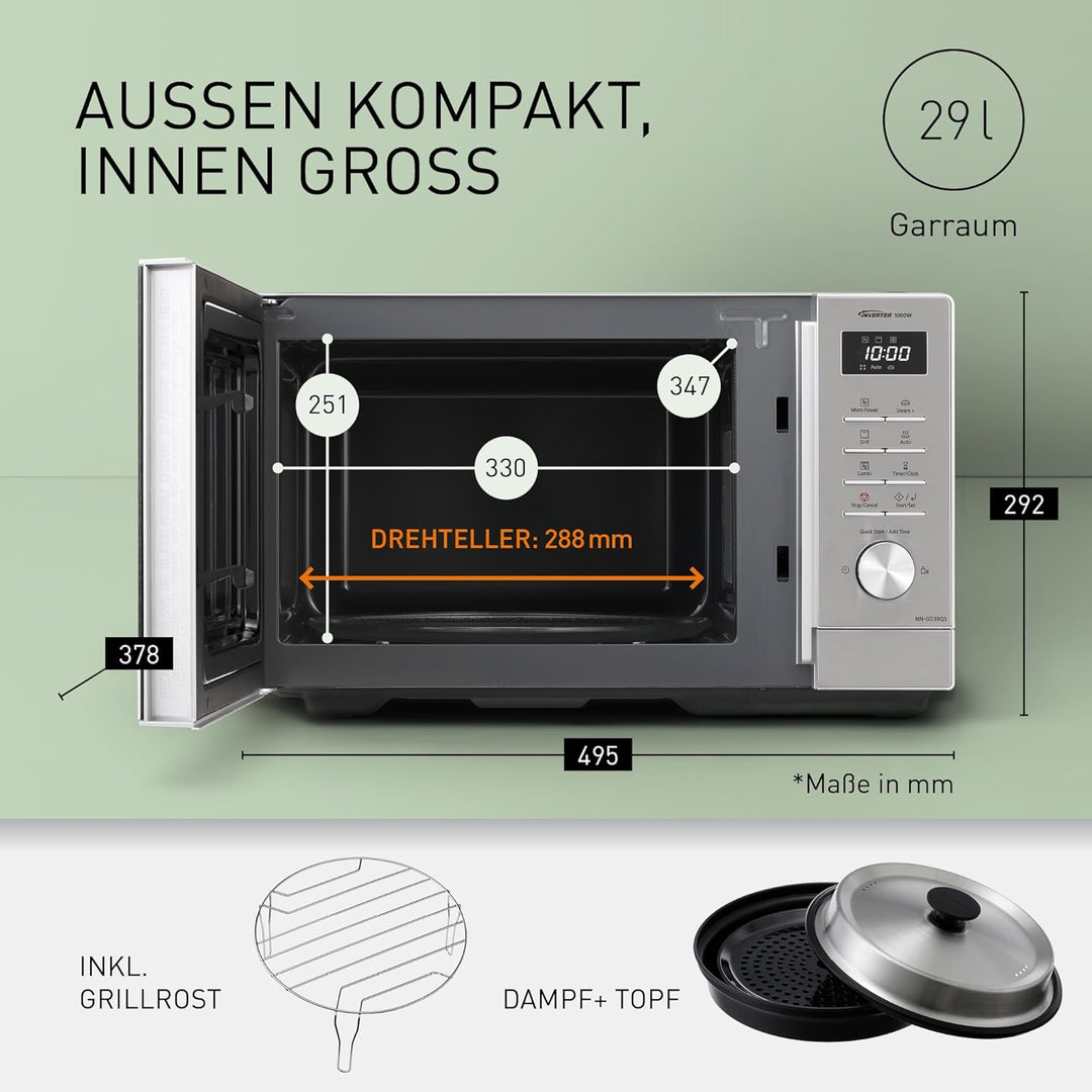 Panasonic NN-GD39QSEPG Grill-Mikrowelle mit Steam+ Topf, 29 l, 1000 W, automatisches Auftauen, Kombi