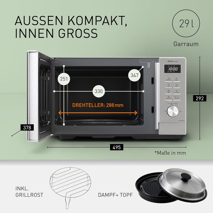 Panasonic NN-GD39QSEPG Grill-Mikrowelle mit Steam+ Topf, 29 l, 1000 W, automatisches Auftauen, Kombi