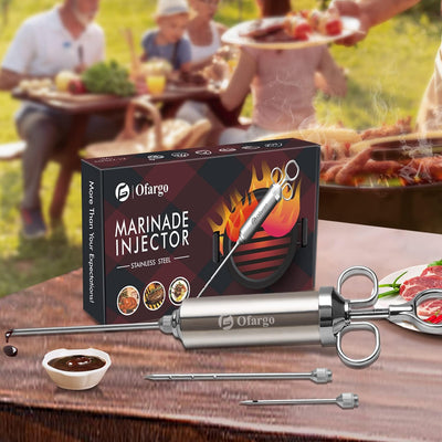 Ofargo Edelstahl Fleischspritze mit 3 Marinaden-Injektor-Nadeln für BBQ Grill Smoker, 57 g grosse Ka