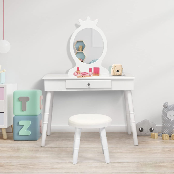 GOPLUS Kinder Schminktisch mit Hocker, Mädchen Frisiertisch mit Spiegel, Kosmetiktisch Kinder mit Sc