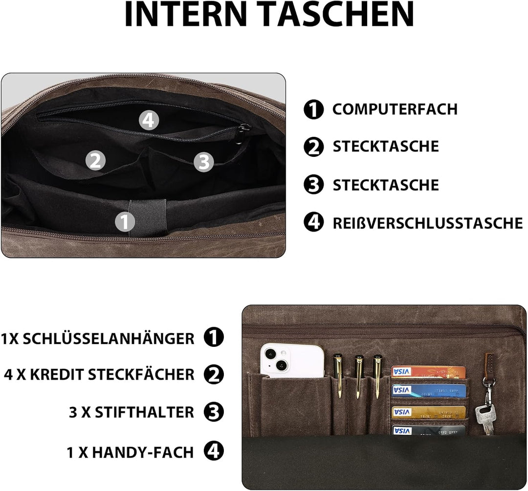 Leathario Umhängetasche Herren 14 Zoll, Messenger Bag aus Echtleder und Geöltem Segeltuch, Arbeitsta