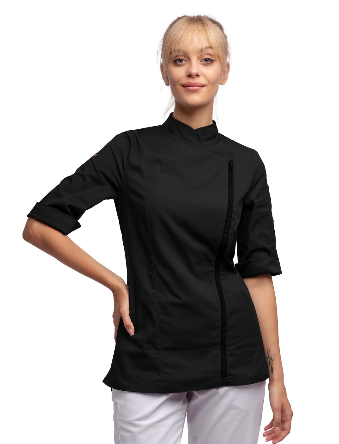 strongAnt Kochjacke Damen kurzarm Stretch mit Druckknöpfen oder Reissverschluss Kochuniform, Schwarz