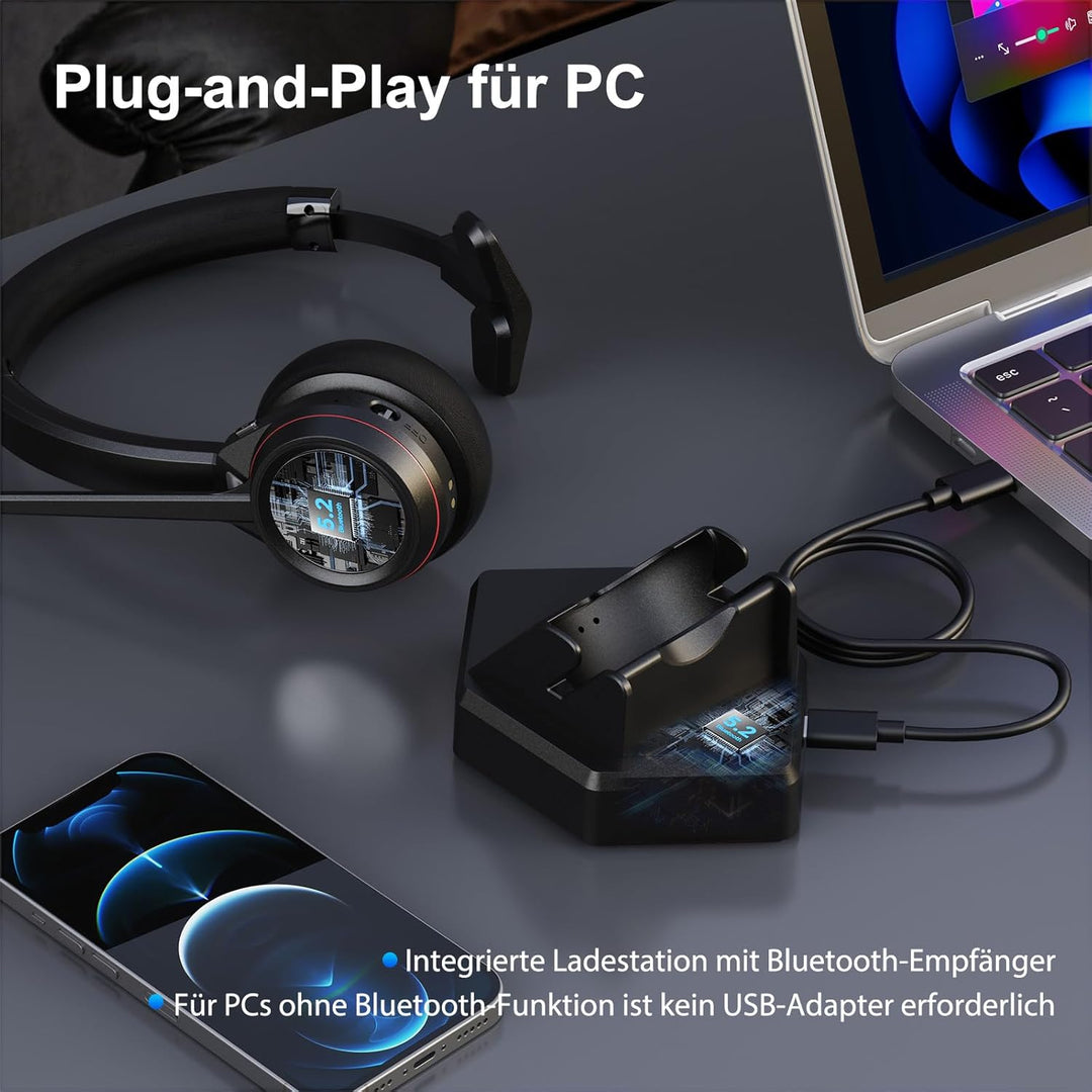 Wireless Headset, Mono Bluetooth 5.2 Headset mit Mikrofon & USB Dongle für PC, 30 Stunden Sprechzeit