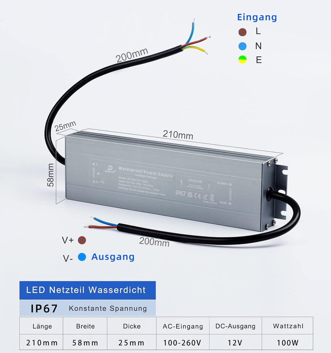 DUSKTEC LED Trafo 12V 100W LED Transformator AC 230V auf DC 12 Volt, Wasserdicht LED Netzteil Driver