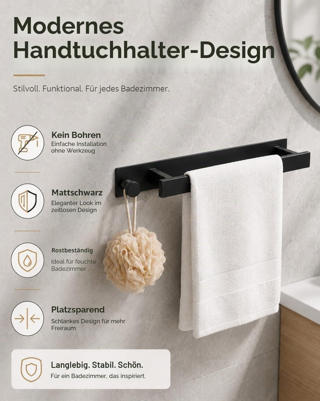 Selbstklebende Handtuchhalter, ohne Bohren, Edelstahl schwarz 40 cm, Bad- und Küchenhandtuchschiene,