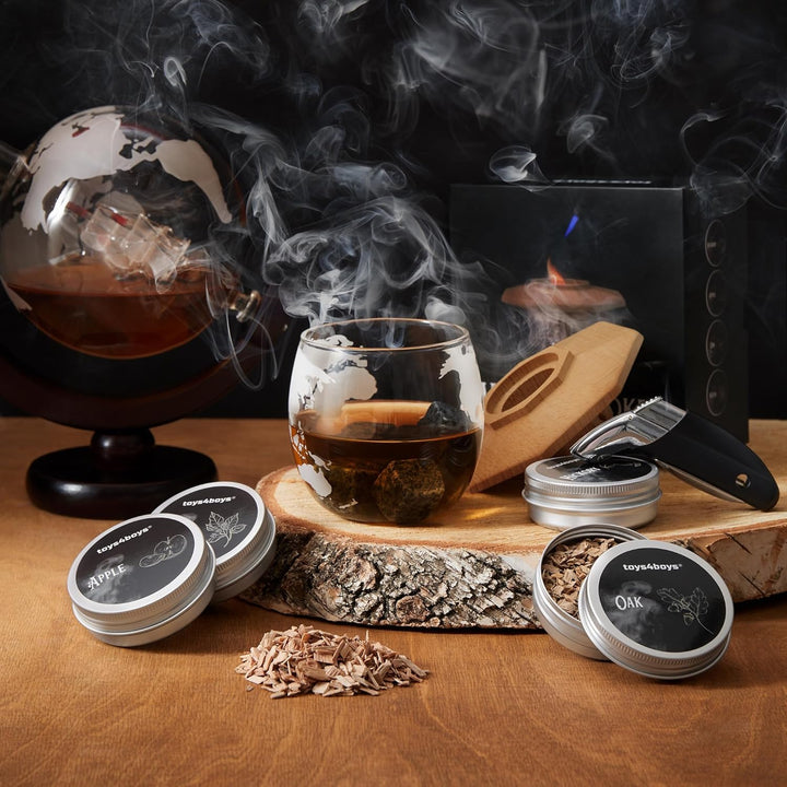 Toys4Boys Whisky Smoker Set - Premium Whiskey Smoker Set mit Holzhaube samt 4 Aromaspänen und Feuerz