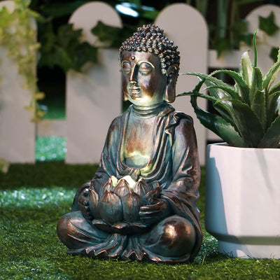 TERESA'S COLLECTIONS 32cm Buddha Figur Garten Solarleuchte Harz sitzende Budda Statue Gartenfigur Fr