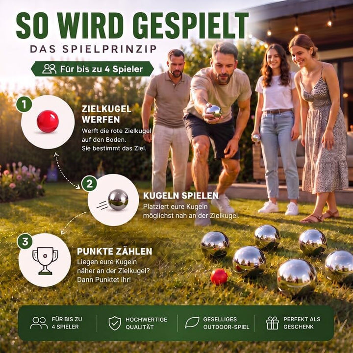 Glückstreffer Boule Set - 8 Boccia Kugeln mit Premium Boule Zubehör - Petanque Spiel für Garten, Str