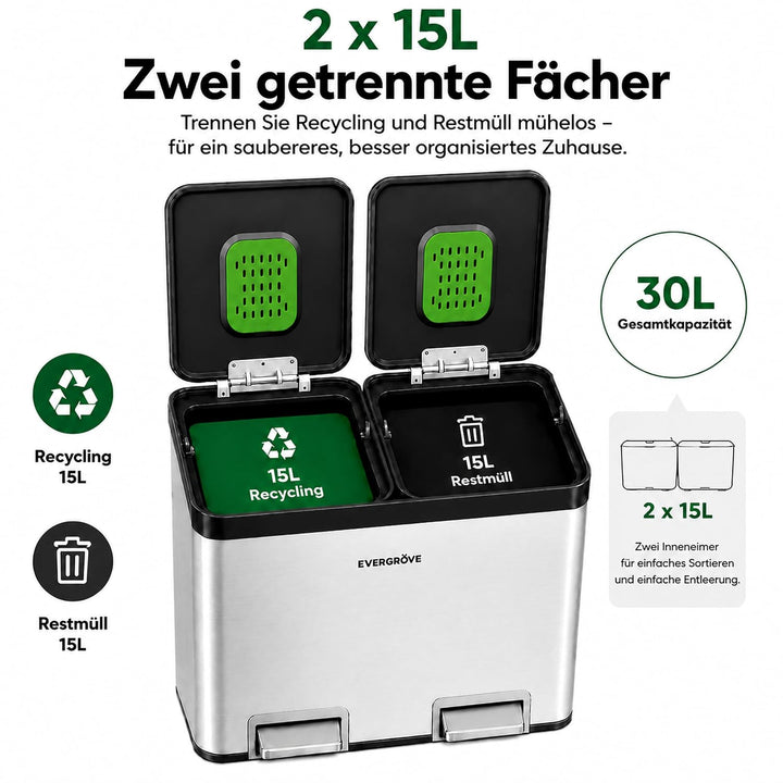 EverGrove 60L Edelstahl-Mülleimer mit Sortierung, zweifach schwarz (Edelstahl, 30, Liter) 30 liters