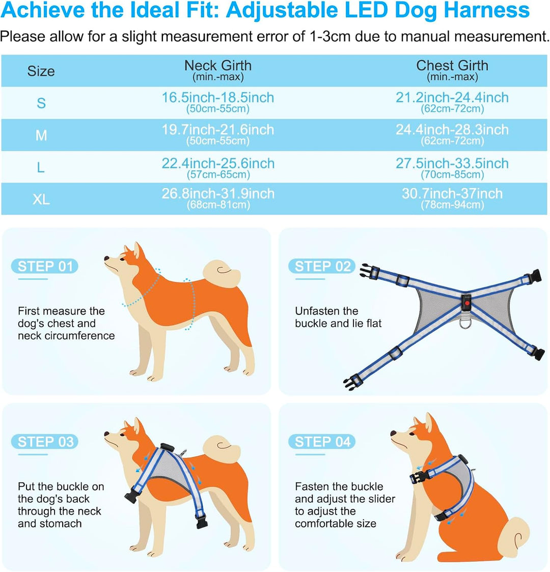 Visinite Led Hundegeschirr mit Licht, Hundegeschirr Leuchtend Aufladbar, 2 Beleuchtungsmodi Leuchtge