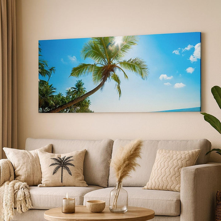 Wandbilder Dekoration Wohnzimmer Strand Palme Meer Panorama Bilder auf Leinwand 120x50cm Leinwandbil