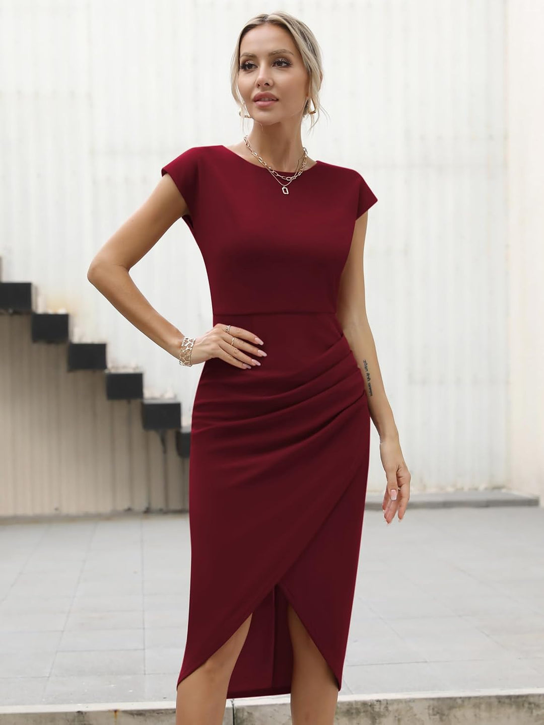 Missufe Damen Cocktailkleid Wickelkleid Partykleid Midikleid Elegant Bodycon Figurbetontes Sommerkle