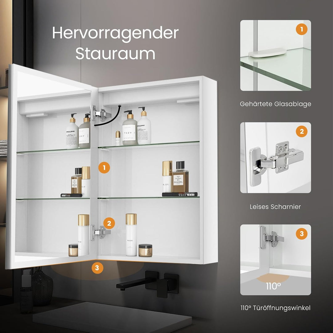 EMKE Spiegelschrank Bad Mit Beleuchtung 50x70cm, 3 Dimmbare Lichtfarben, Antibeschlag, Steckdose, Ba