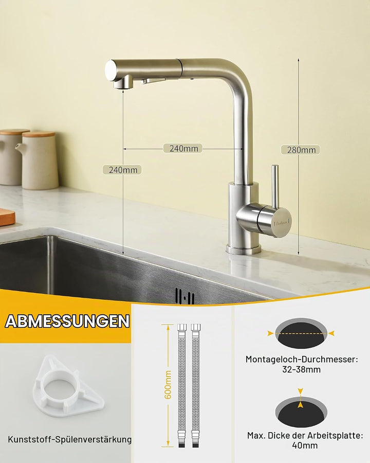 Wasserhahn Küche,Küchenarmatur Ausziehbar mit Hochdruck,Spültischarmatur Küche mit Brause Zwei Wasse