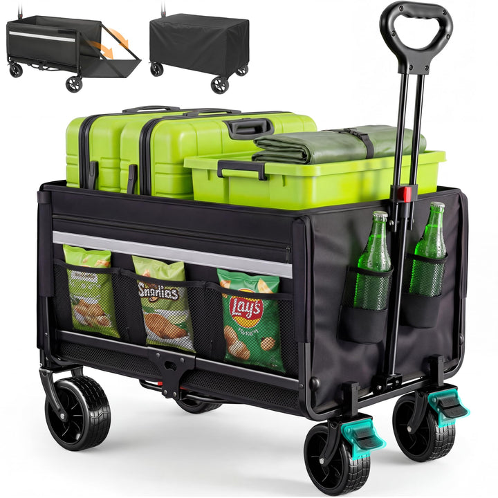 Bollerwagen Faltbar 120L Strandwagen Klappbar mit Heckklappe Regenschutz, Bremsen, Reflektorstreifen