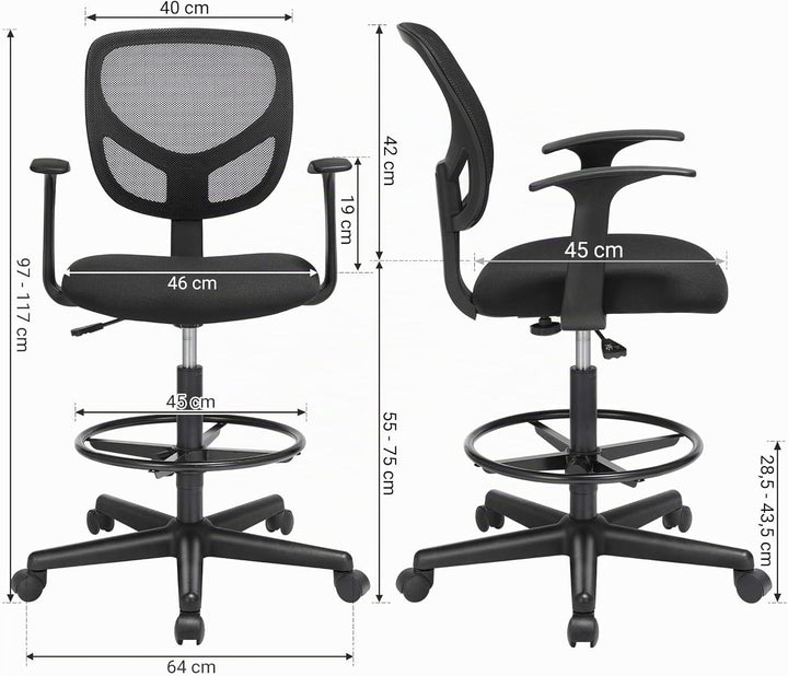 SONGMICS Arbeitsstuhl, Ergonomischer Bürostuhl mit Armlehnen, Sitzhöhe 55-75 cm, Hoher Drehstuhl mit