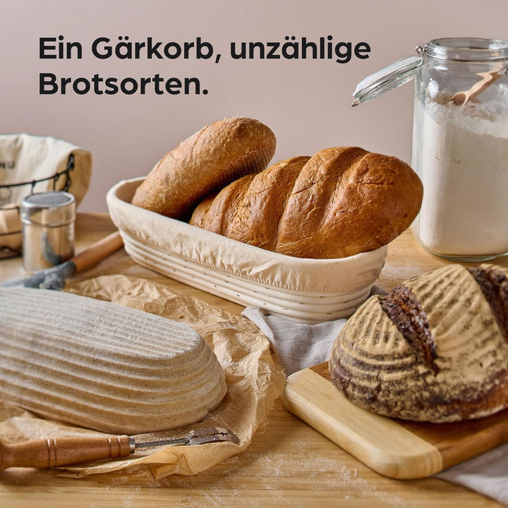 Gärkorb zum Brotbacken - Aus nachhaltigem Rattan - Oval - 35 cm - Set inkl. Bürste, Leineneinlage &