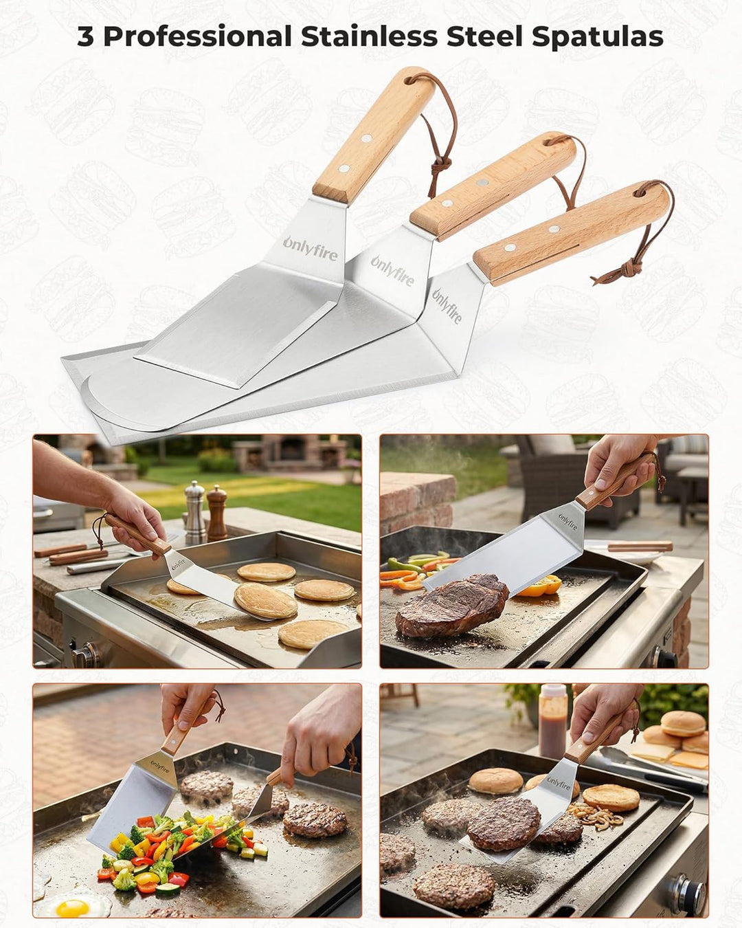 Onlyfire Grillspachtel Plancha Kit – Edelstahl-Grillspachtel , Schaber und Gusseisen-Grillpresse für