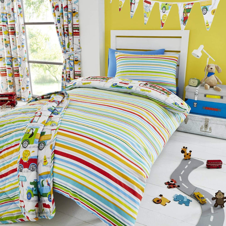 Happy Linen Company Kinder Bettwäsche-Set - mit Zootieren in der Stadt - wendbar - Weiss - Einzelbet