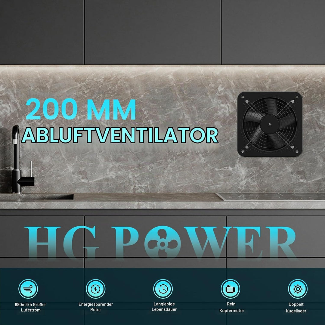 HG Power Abluftventilator 200mm - 980m³/h Badlüfter Leiser mit Rücklaufklappe, Schalter, Stecker, 53